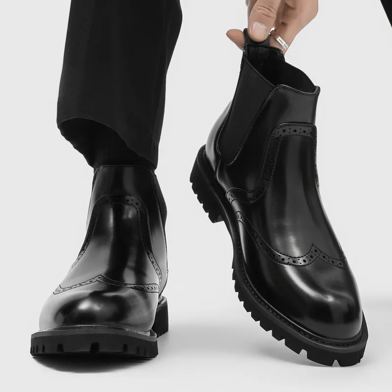 

men fashion business wedding chelsea boots slip-on carving brogue shoes cowboy natural leather boot handsome ankle botas hombre