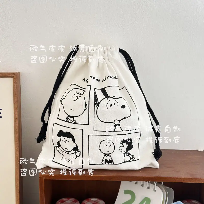 Cute Cartoon Snoopy Canvas Drawstring Pocket, Portable Storage Bag for Literary and Artistic Sundries When Going Out