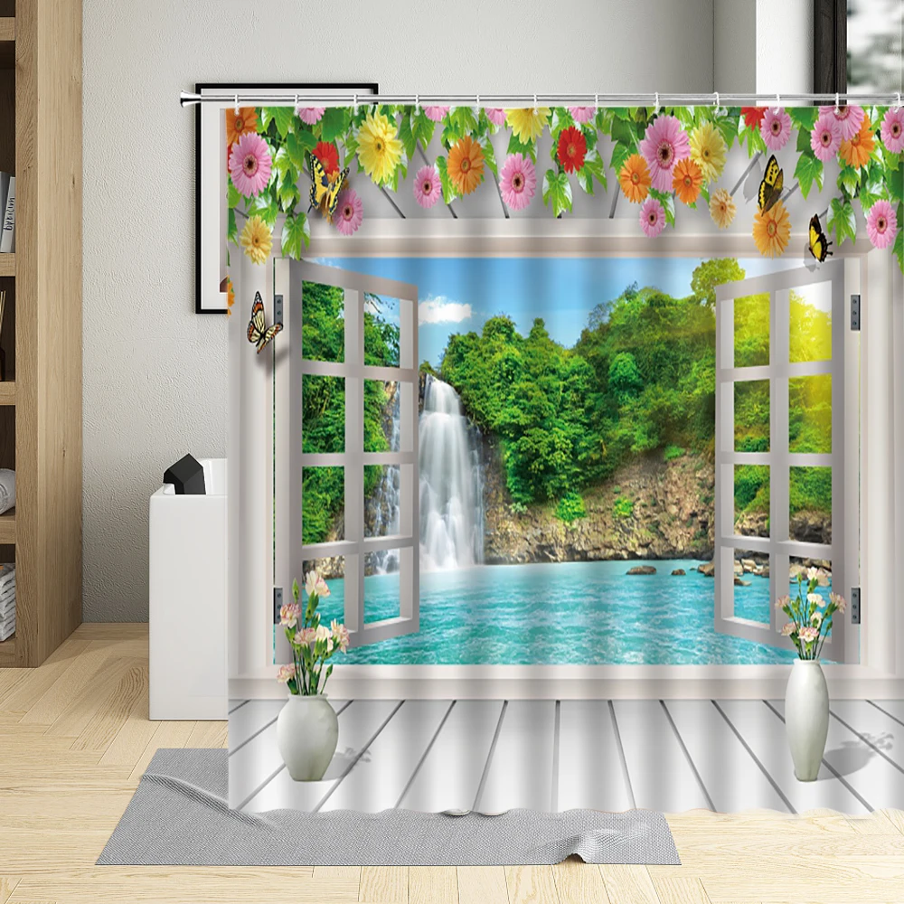 3D Window View Landscape Waterfall Shower Curtain Ocean Scenery Bird Flower Bathroom Curtains Decor Waterproof Fabric With Hooks