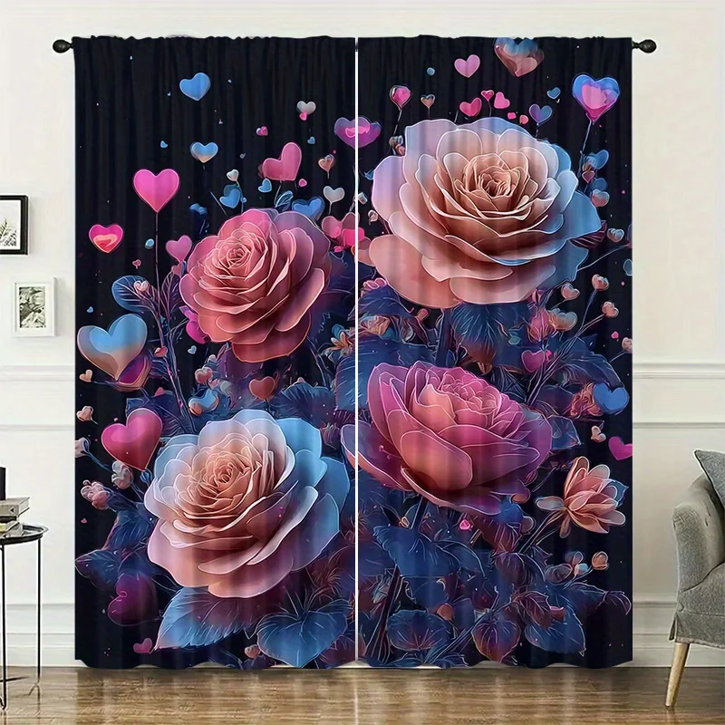 Rose garden-themed curtains, installed using pocket rod method, suitable for bedrooms, living rooms, balconies, and decoration