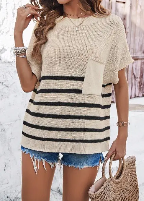 캐주얼 휴가 스타일 반팔 티셔츠 여성 울 니트 의류 2025 가을 겨울