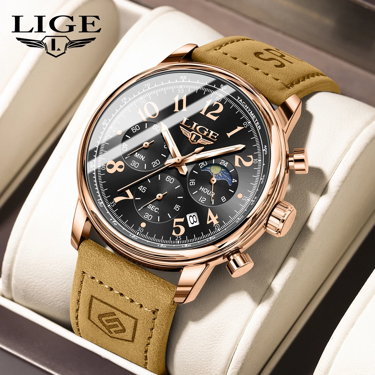 LIGE Neue Luxus-Sportuhr für Herren Wasserdicht Leuchtend Leder Quarz Herren-Armbanduhr Chronograph Datum Militär Herrenuhren Reloj