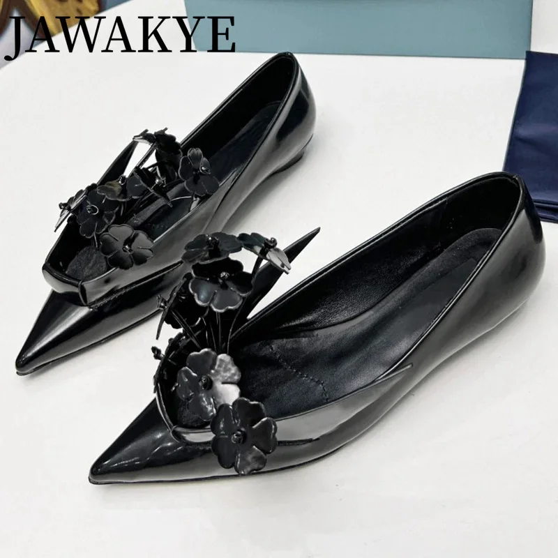 Summer Flowers Flat Heels Sandals Women Real Leather Pointy toe Fashion Shallow Mouth Mules Shoes Luxury Dress Party Shoes Woman