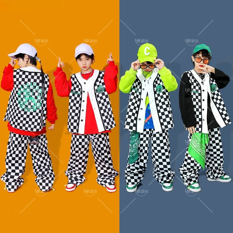 

Boys Hip Hop Plaid Vest Solid Sweatshirt Joggers Pants Outfits Girls Streetwear Child Street Dance Clothes Set Kids Jazz Costume