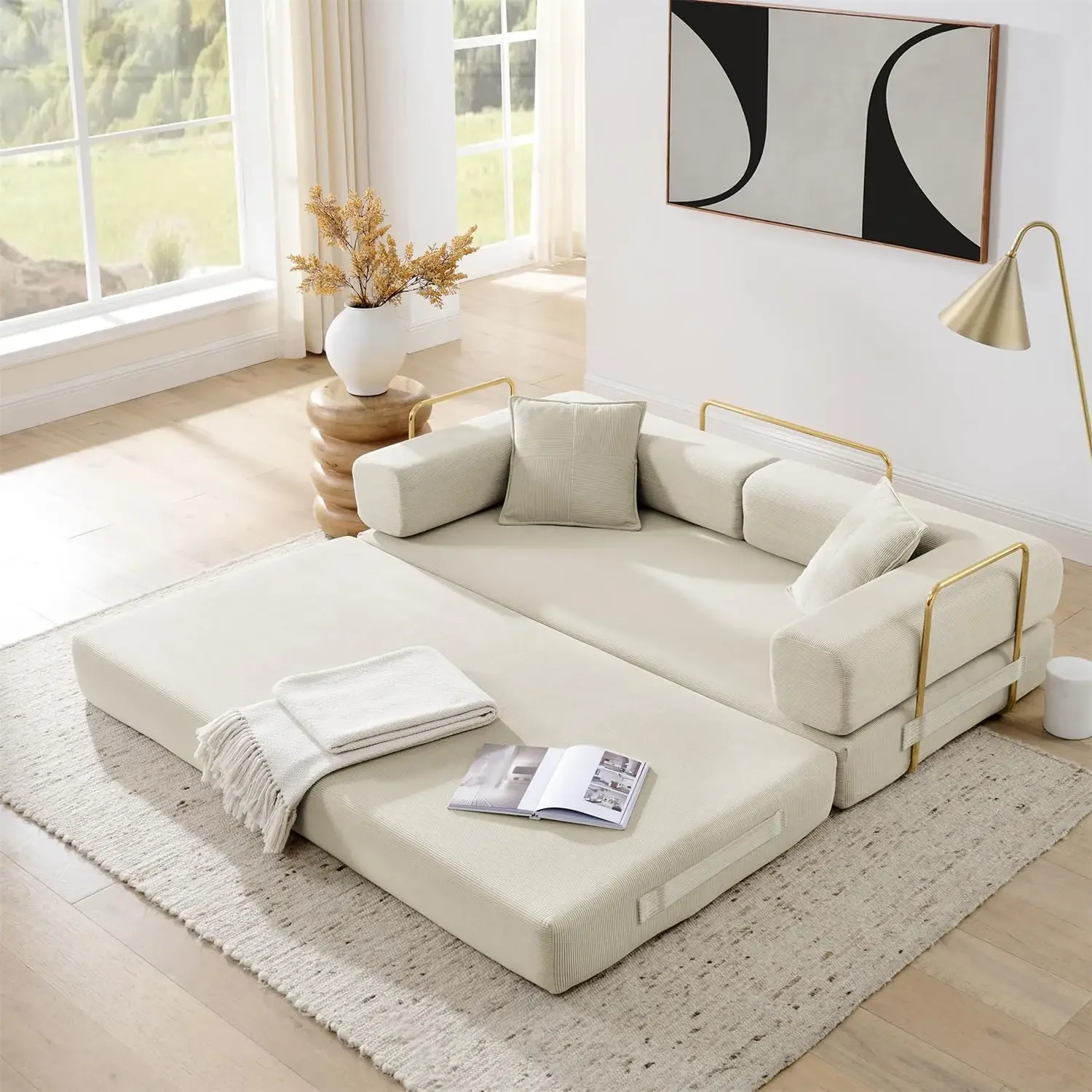 4-in-1 Folding Convertible Sofa Bed, 78 Inch Boneless Couch with Fixed-Shape Frame, Corduroy Loveseat Sleeper with Pull Out