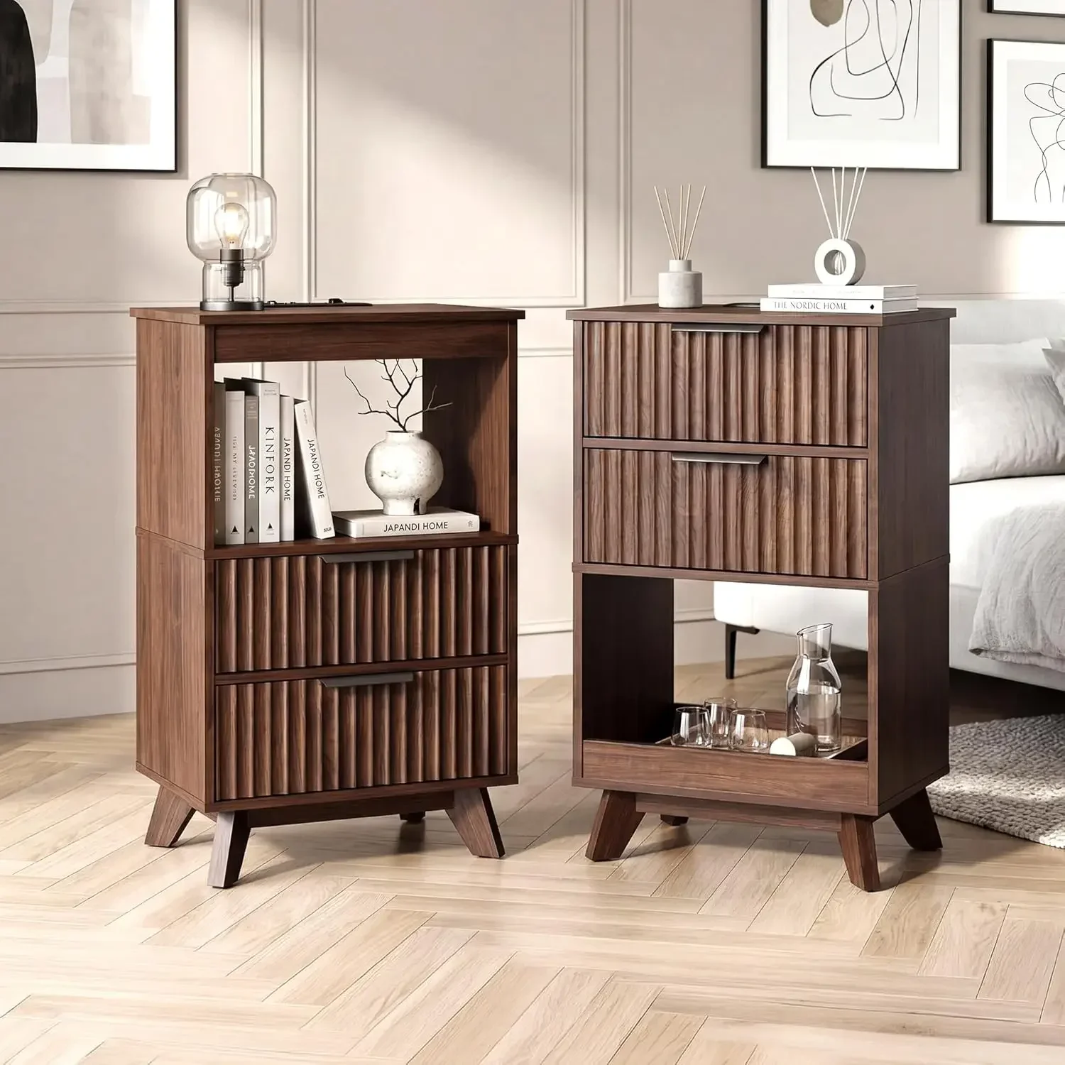 Tall Nightstands Set of 2 Fluted Nightstand with Charging Station Wooden Bedside Table 2 Drawers Storage Shelf Modern End Table