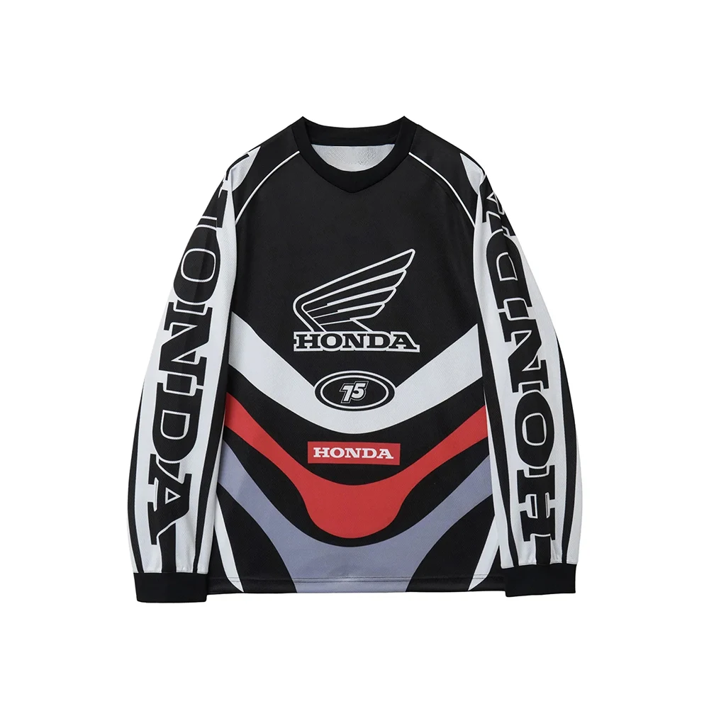 Summer New Family Matching Honda Black V-Neck Long Sleeved Racing Suit Motocross Oversized Breathable Casual Sports Top MenWomen