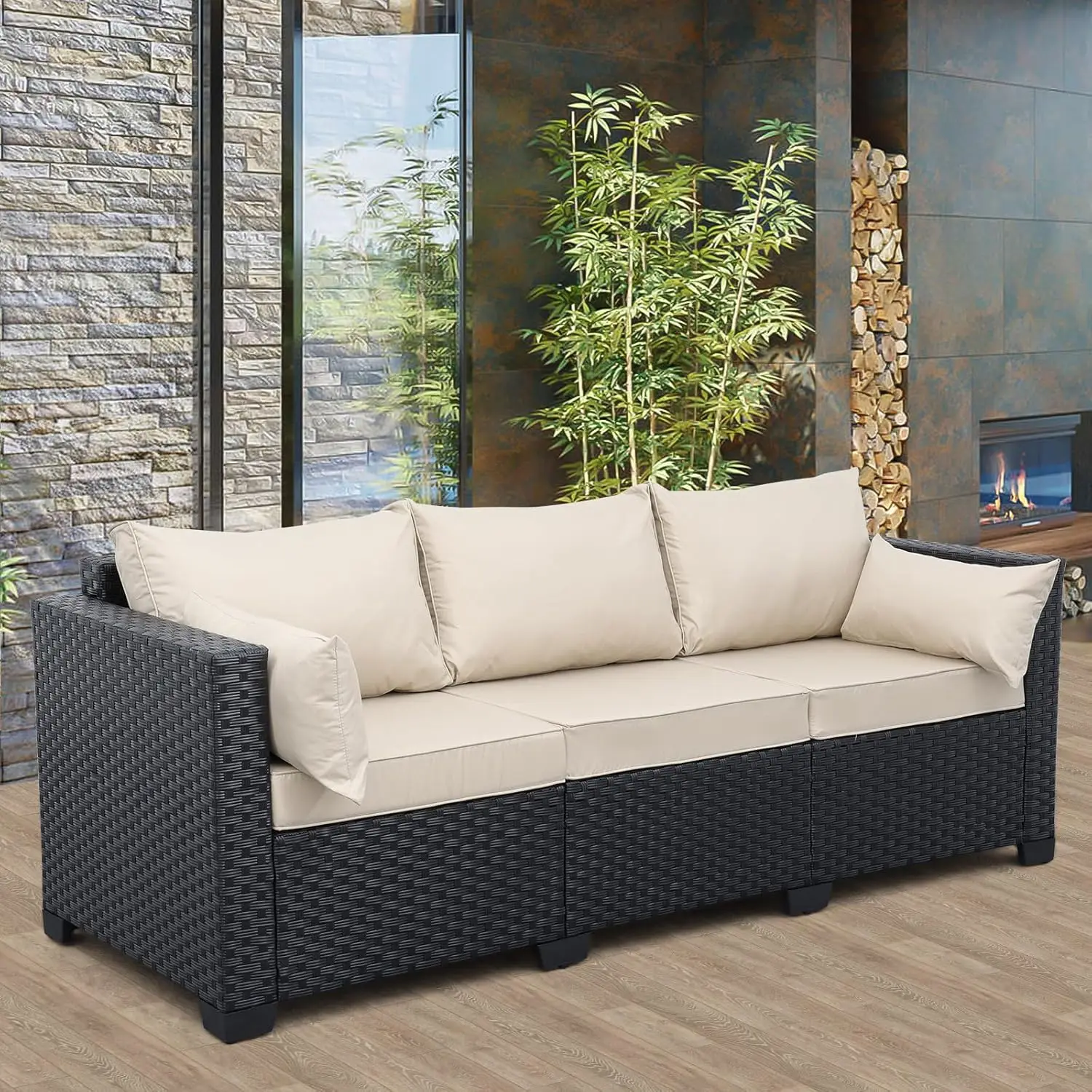 3-Seat Outdoor Rattan Sofa Patio Couch Black PE Wicker Loveseat Seating Furniture with Washable Khaki Cushions