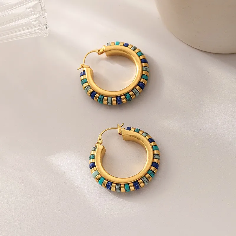 

Hot Sale Luxury Design High Quality Brass Metal Gold Color Hoop Earrings For Women Retro Jewelry Green Stones Earrings