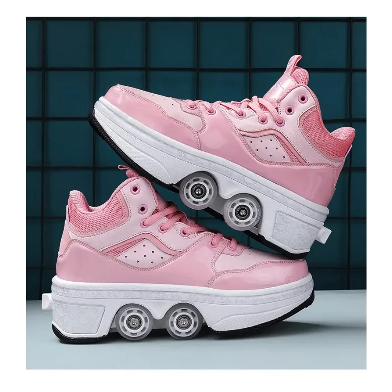 Children New Casual Sneakers Row Roller Walking Skating Shoes Deformation Parkour 2024 Four Wheels Double Running Shoes Unisex