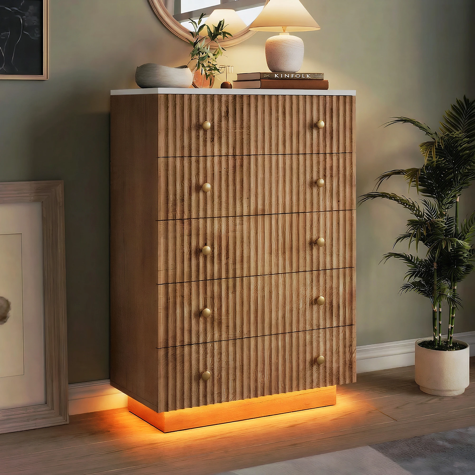 Anajqaqia 73×40×111 cm, Mueble con 5 cajones, cómoda con luces LED, armarios de gran capacidad, organizador de almacenamiento antivuelco