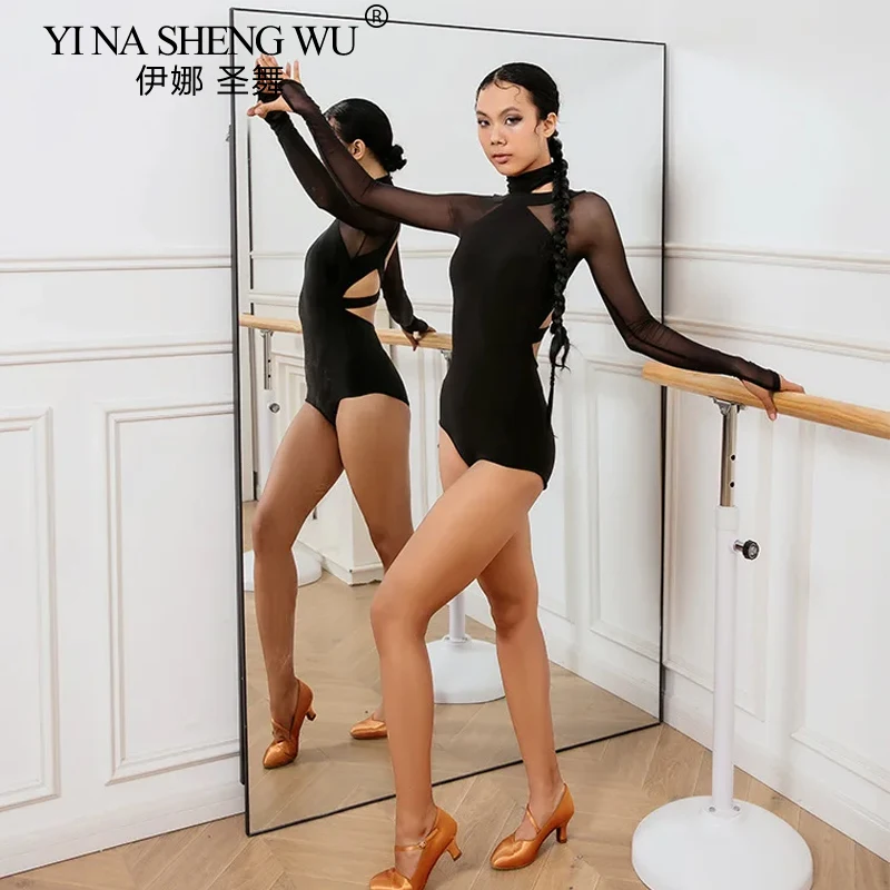Femmes danse latine noir haut dos nu combinaison body salle de bal danse latine justaucorps d'entraînement Samba Rumba Cha Cha vêtements de pratique