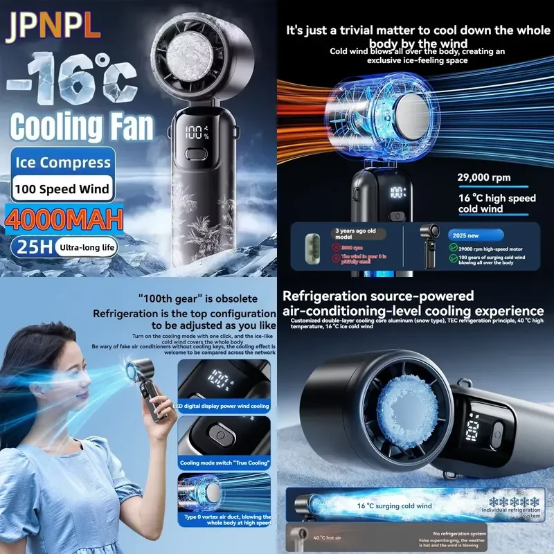 JPNPL 4000mAh Hanging Ice Pack Handheld High-speed Fan Folding 100 Speed Infinitely Adjustable Fan Portable For Outdoor Neck