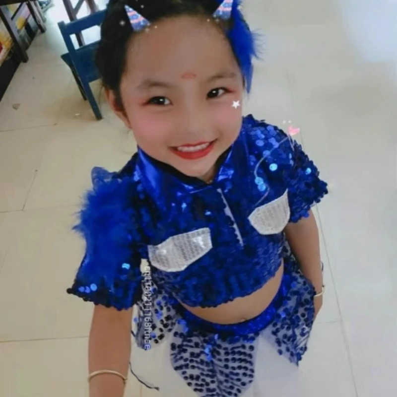 Trajes infantis de performance de dança jazz, lantejoulas ecológicas para meninos e meninas, dança moderna de rua