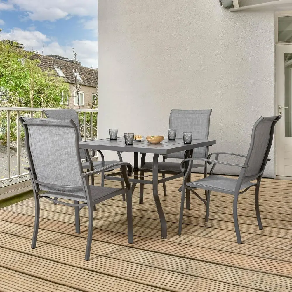 

5-Piece Patio Dining Set: Square Table with Umbrella Hole & 4 Gray Textilene Chairs for Outdoor, Garden, and Poolside Use