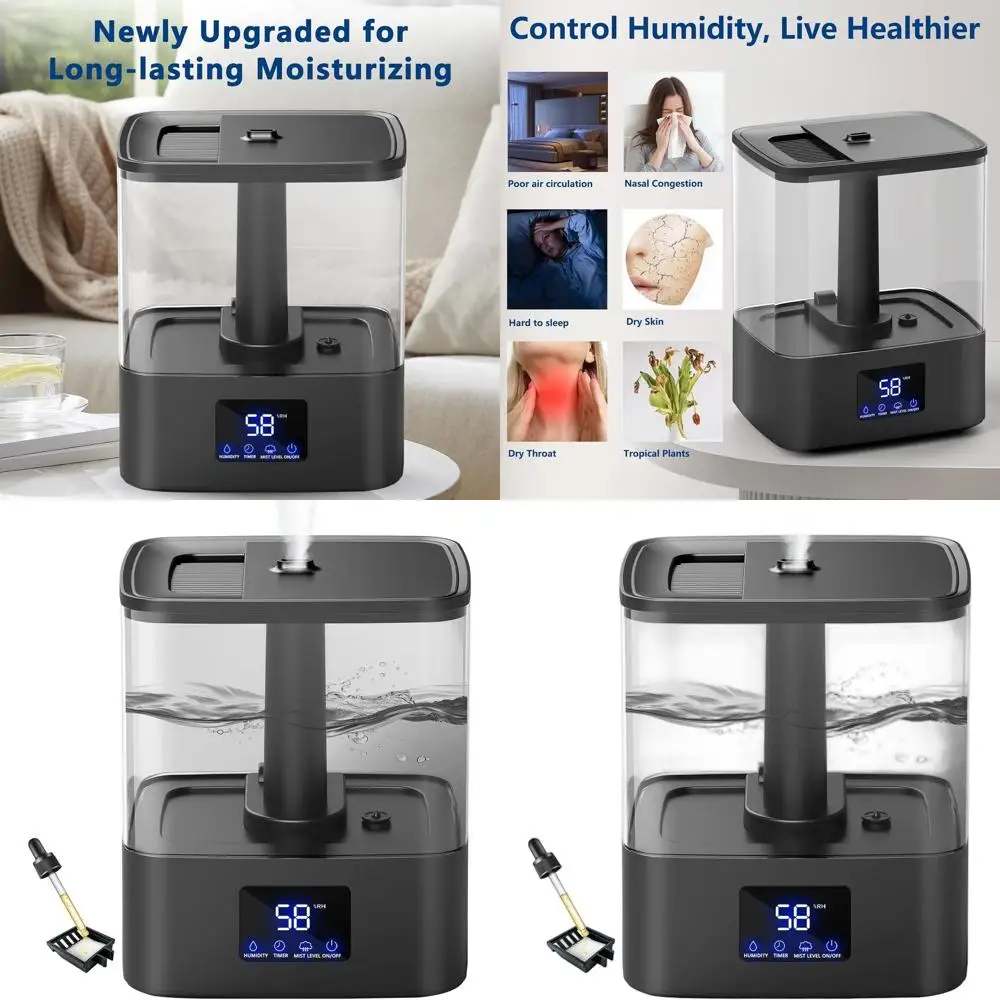 

4L Top Fill Cool Mist Humidifier for Bedroom, 60H Runtime, 3 Levels, Timer, Oil Tray, Humidity Monitor, Quiet, Ideal for Sleep,