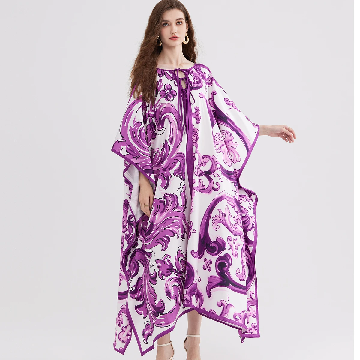 Summer New plus Size Purple Floral Print Dr with Bow Detail Loose A-Line Skirt Commute Sle Polyester Fabric Long Sve