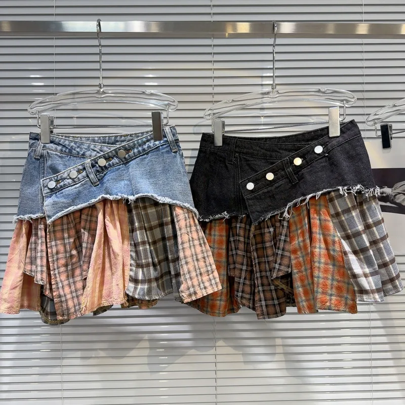 

BORVEMAYS Plaid Contrasting Colors Denim A-line Skirts High Waist Patchwork Fashion Women 2024 Summer New WZ9064