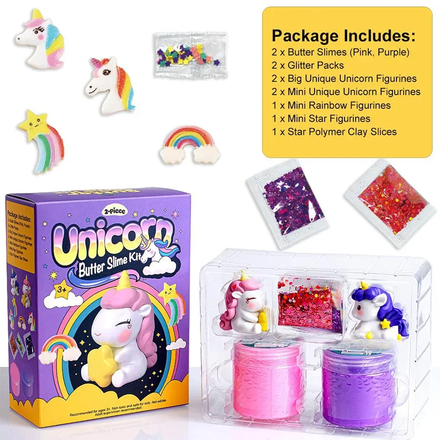 

DIY Butter Slime Kit 2 Pack with Unicorn Glitter & Rainbow, Kids Party Favors Toy