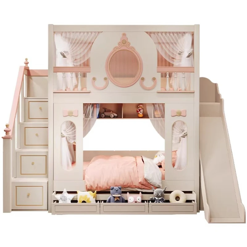 

Children's bed, girls' high and low beds, castle princess , multifunctional girls' mother