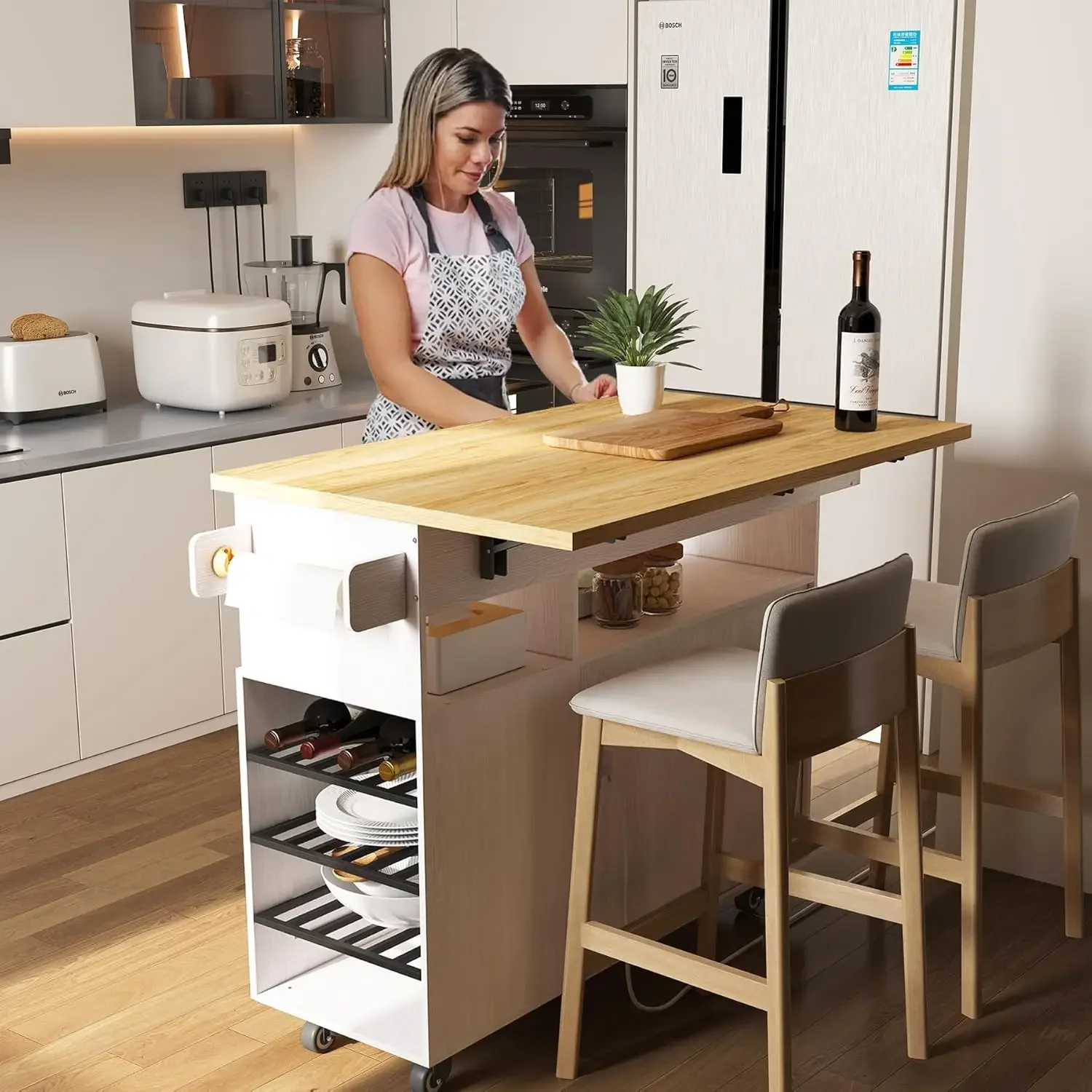 Rolling Mobile Kitchen Island Cart Bar with Leaf Countertop,Rolling Kitchen Cabinet with Power Socket and Towel Rack (White Oak)