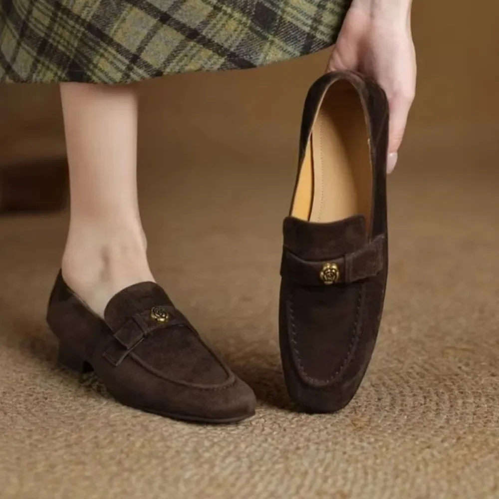

Loafers Women Square Toe 2025 New Genuine Leather Ladies Shoes Slip-on Vintage Buckle Classic Spring Shoes Women