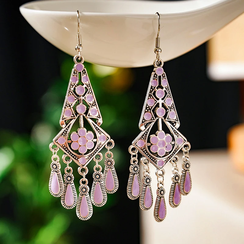 Vintage Ethnic Style Drop Oil Water Drop Earrings for Women Simple Geometric Silver Color Earring Vacation Daily Jewelry