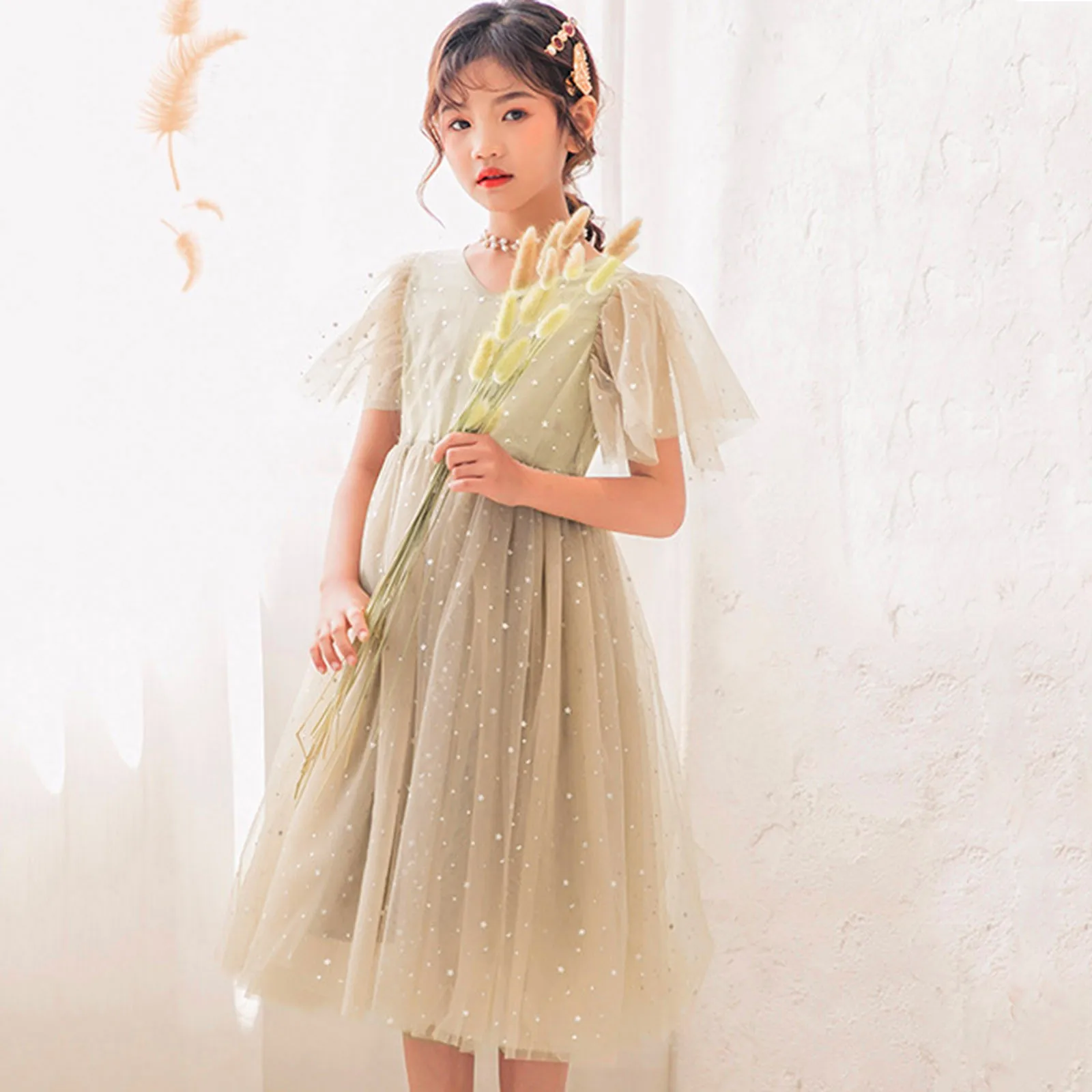 Kids Girls Tulle Princess Dresses Elegant Long Style Star Prints Casual Summer Party Dress Children Birthday Party Costume 2-14Y