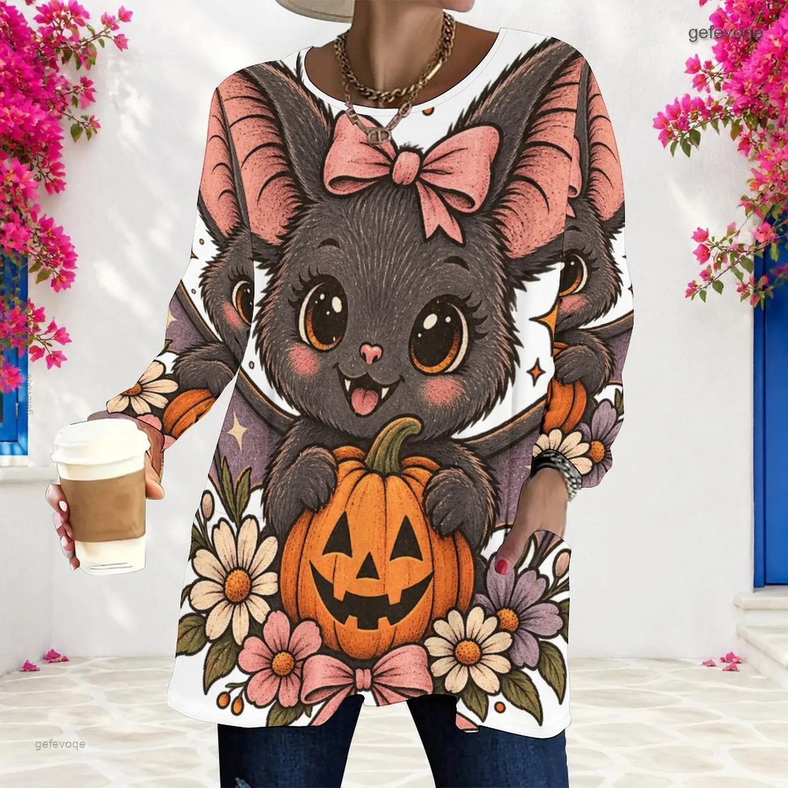 Women Halloween Panda Ghost Printed Round Neck Long Sleeve Loose Longline Top With Pockets