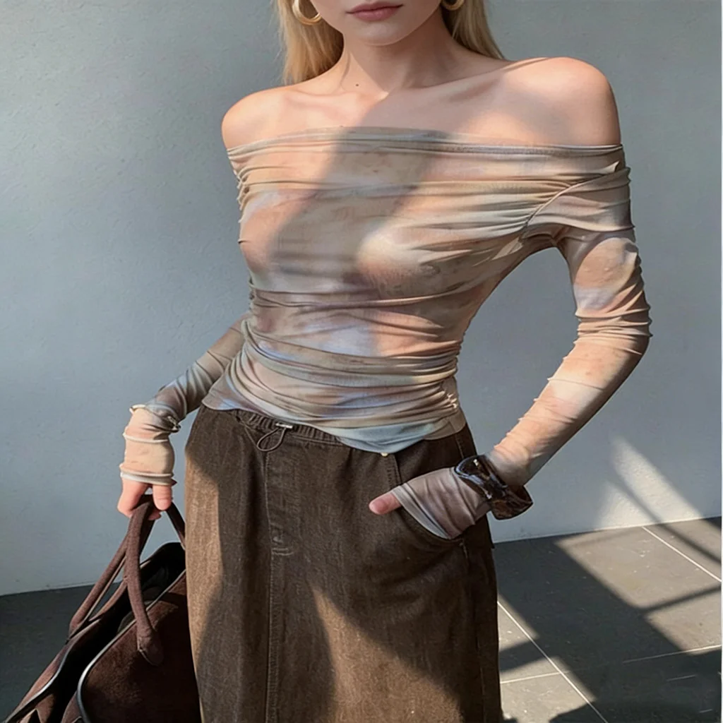 Tie Dye Mesh Long Sleeve Top for Women, Sheer Boat Neck Slim Fit Y2K Aesthetic Casual Tee See Through Sheer Blouse for Daily Wea