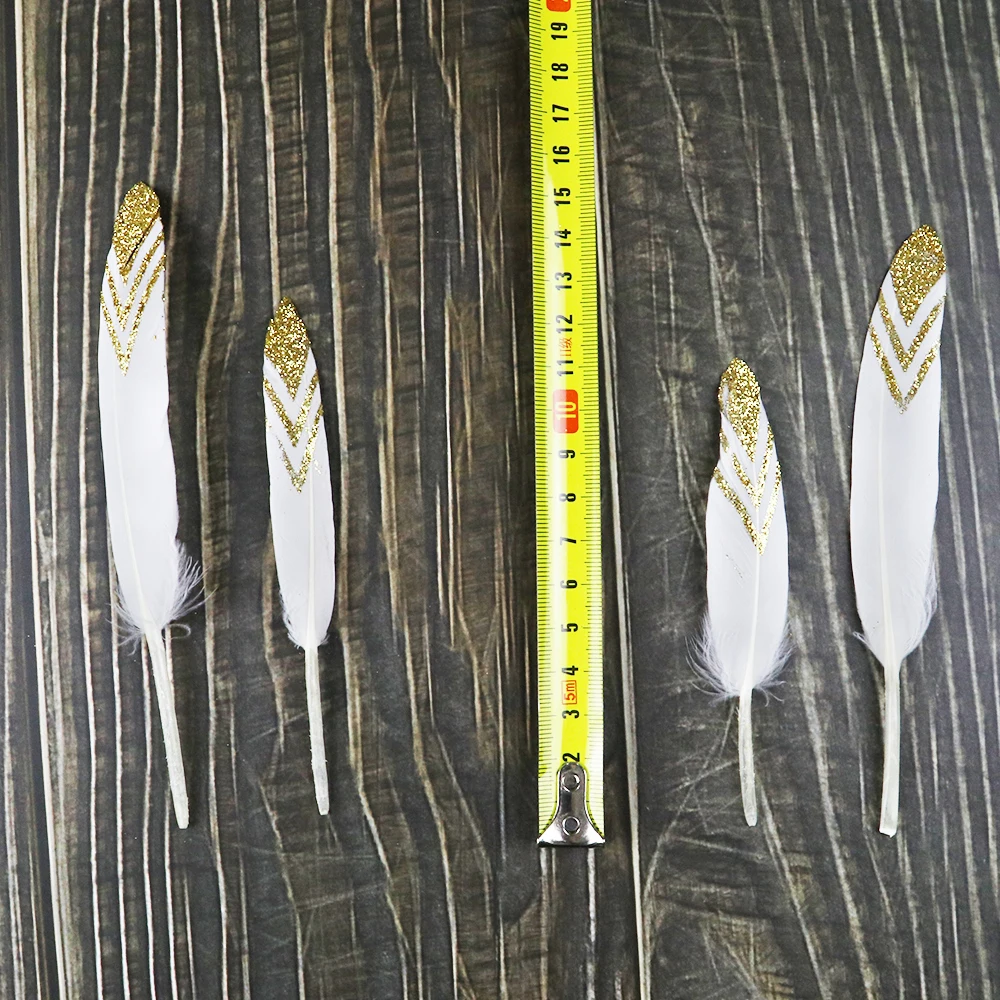 Golden V Shaped Goose Feathers Printing Natural Swan feather 10-15 CM For Costume Hat Jewelry Making Decoration 10Pcs/lot view 6