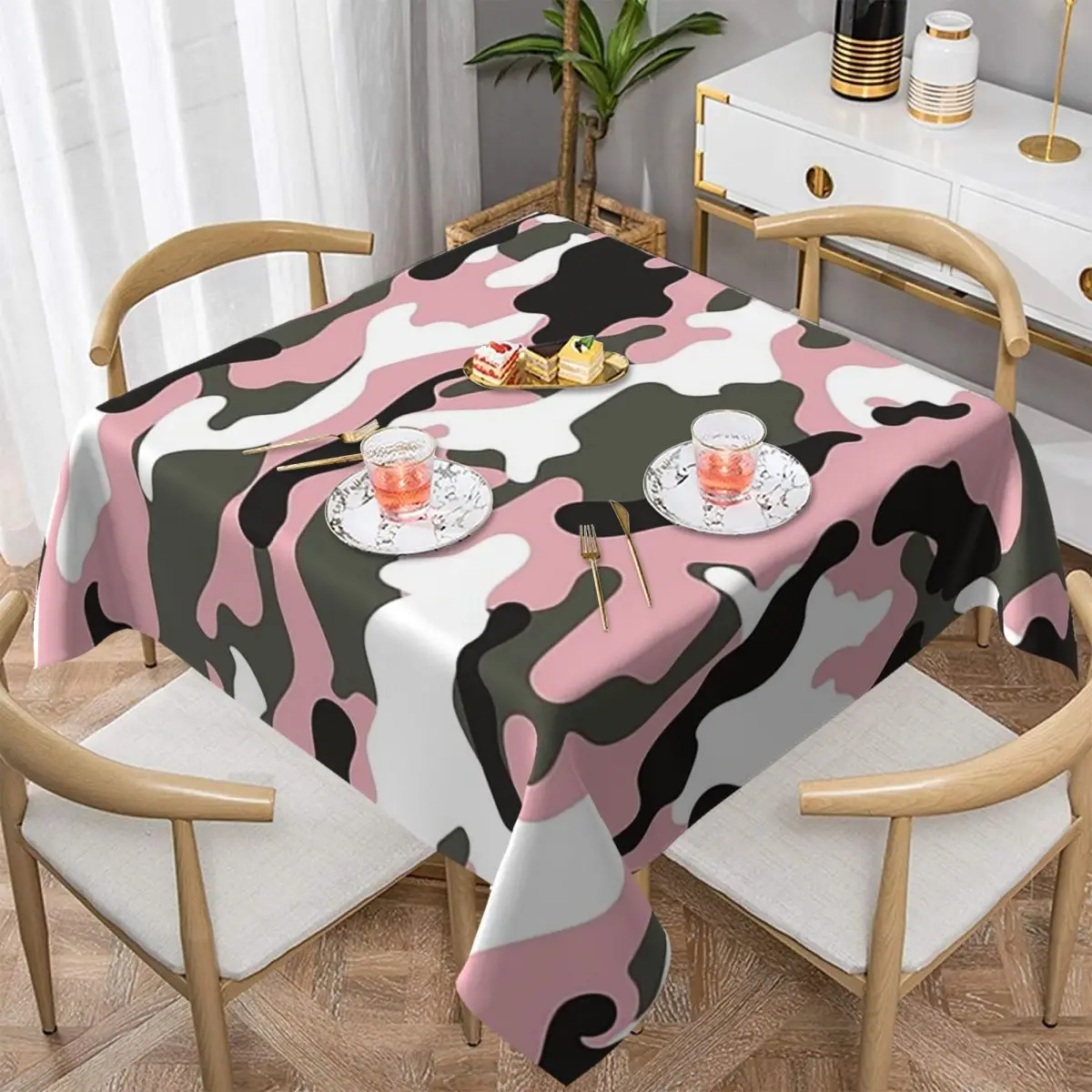 

Розовая скатерть с военным камуфляжным узором для девочек, текстурированная, с фоновым рисунком, квадратная, для кухни, мероприятий, обеденного стола