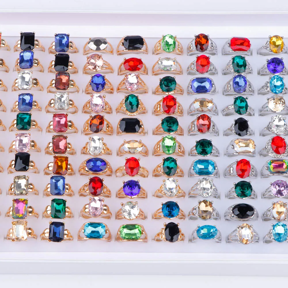 10/20/30/50Pcs/Lot Fashion Classics Colorful Glass Rings For Women Men Mix Style Geometric Stone Jewelry Party Gifts Wholesale