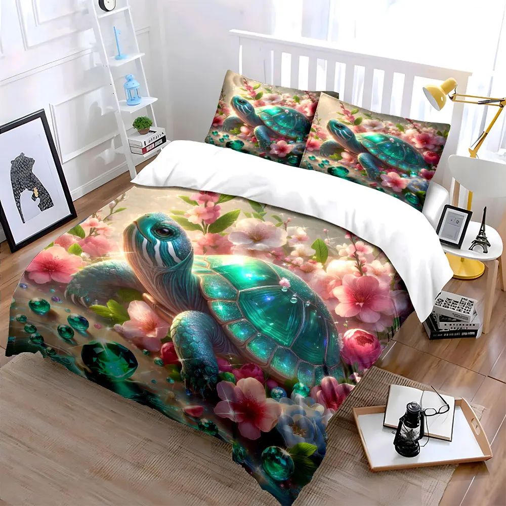 Sparkling Turtle with Vibrant Blossoms Bedding Set for Kids Luxury Gift 3pcs Digital Print Comforter Set Soft Comfortable