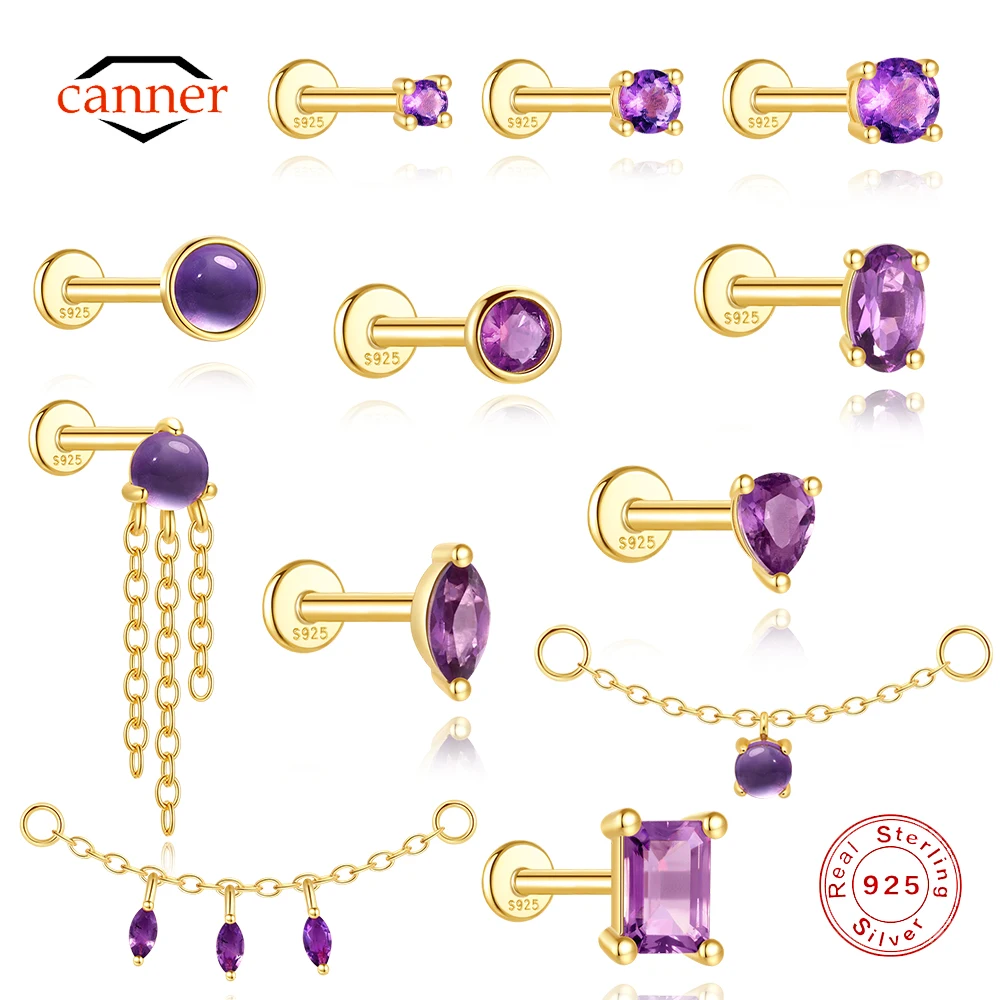 CANNER 1PC 925 Sterling Silver Natural Amethyst Flat Head Threaded Piercing Stud Earring For Women Geometric Earring Gift New