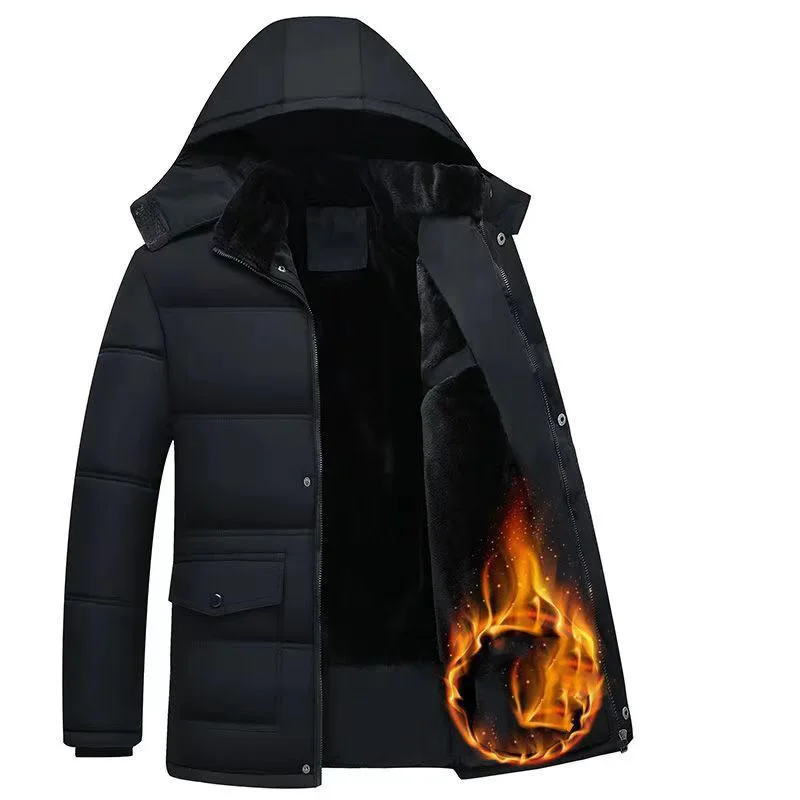 Winter Men Plush Jacket New Thicken Cold-proof Solid Color Male Down Coat Long Sleeve Pocket Detachable Hooded Man Outerwear