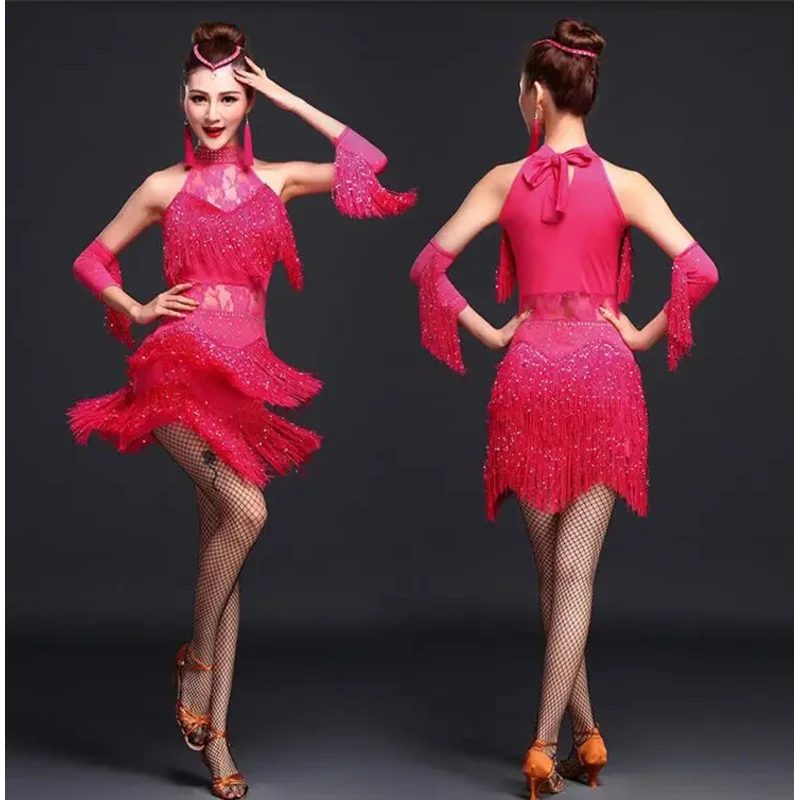 New latin dance costumes women salsa dancewear dance costume dresses ballroom competition dresses tango adult fringe gold sequin