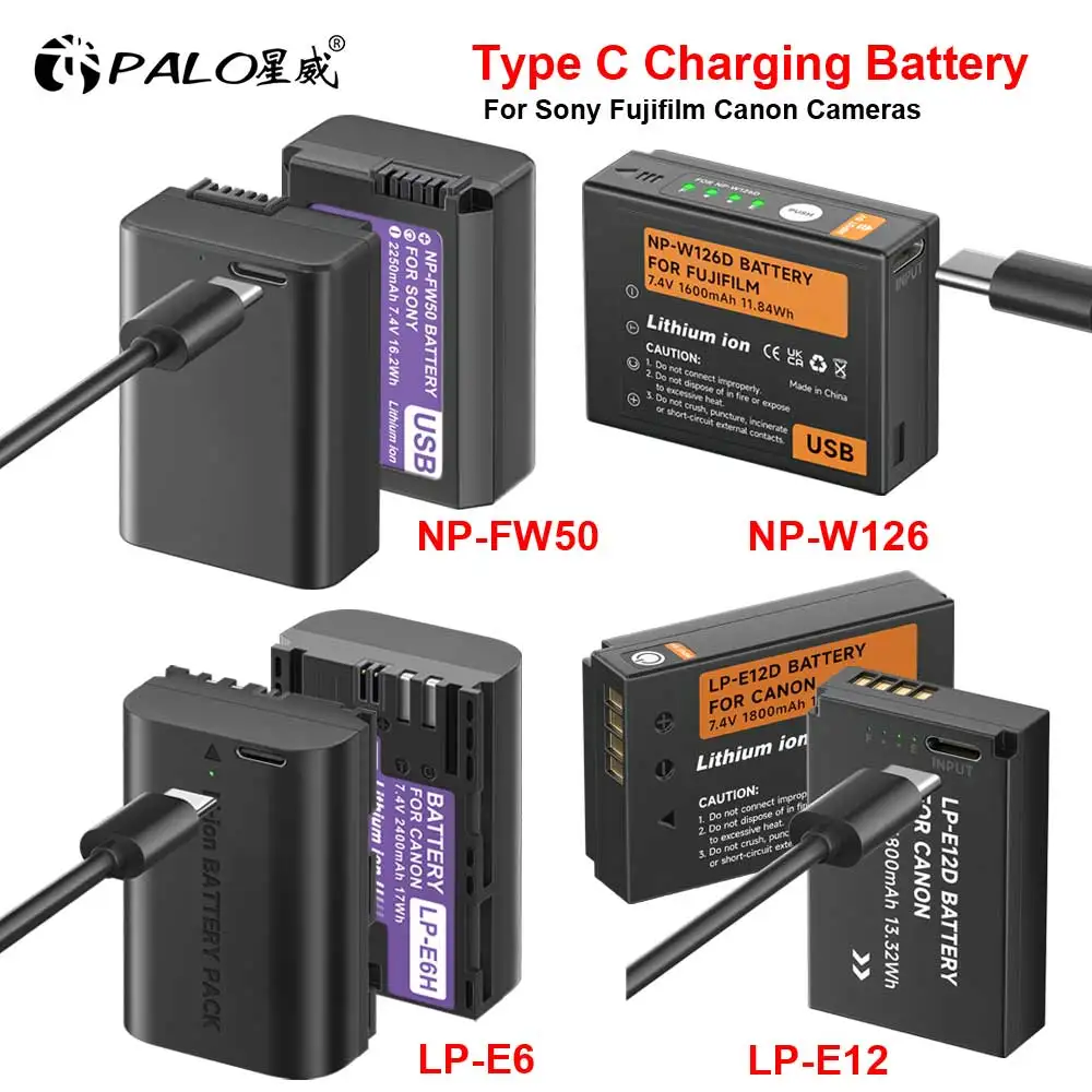 

PALO NP-FW50 NP-W126 LP-E12 LP-E6 Battery NP FW50 NP W126S LP E12 LP E6 Type C Charging Battery for Sony Fujifilm Canon Camera