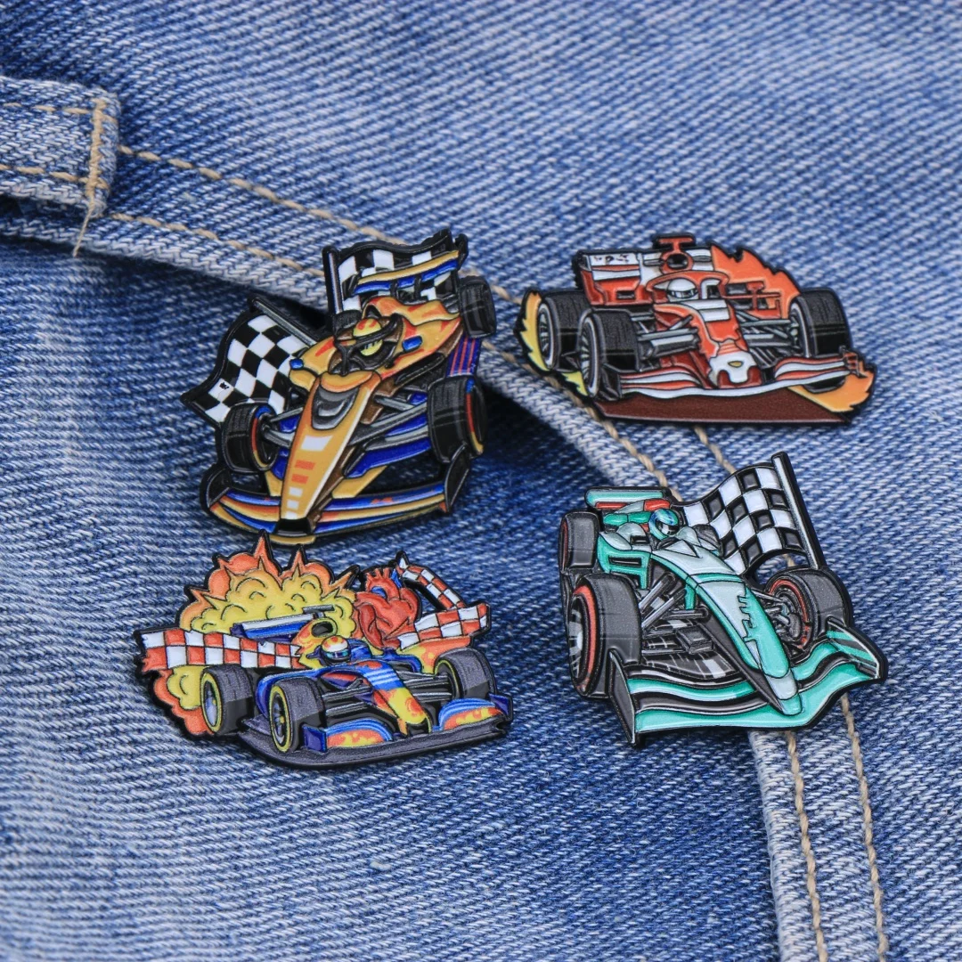 Cartoon Formula Race Car Enamel Pin Set, Vibrant Motorsport Brooches, Checkered Flag Racing Vehicle Metal Badges, Jackets