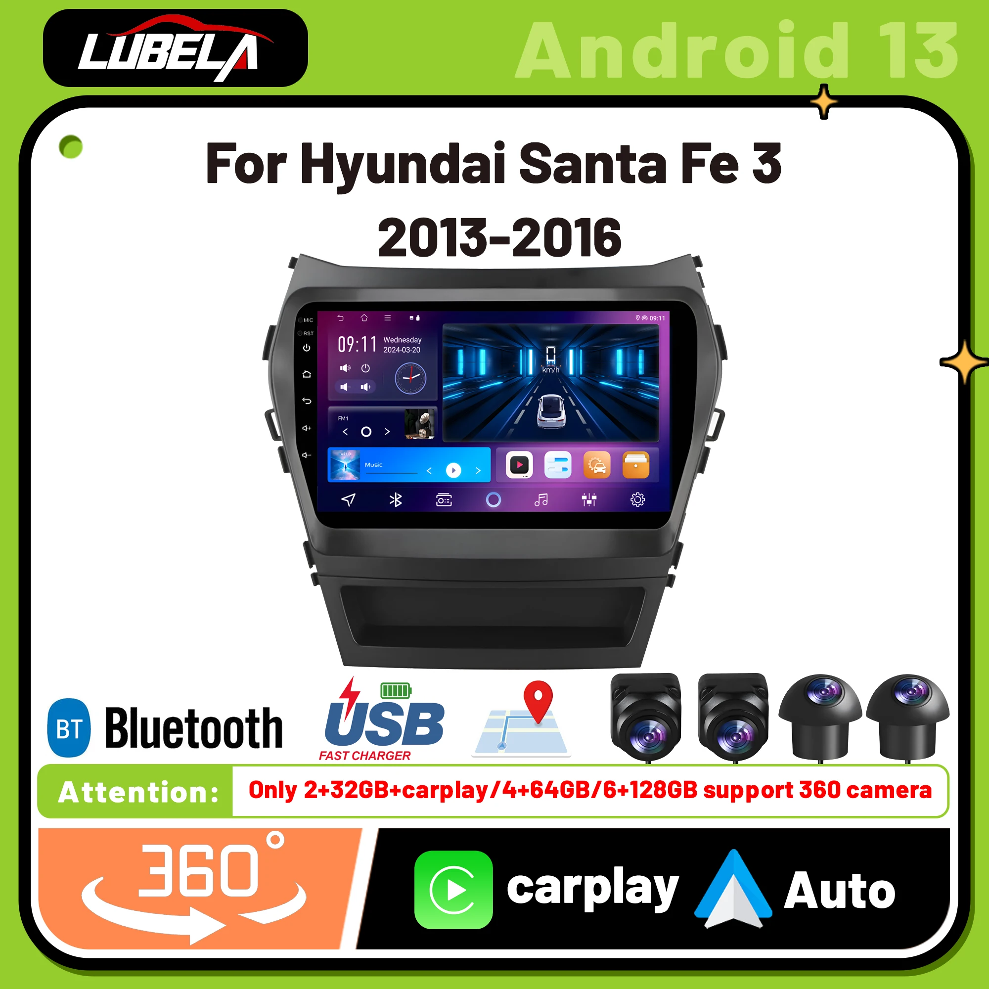 

Carplay 2 Din Android Auto Car Radio Multimedia Video Player For Hyundai Santa Fe 3 2013-2017 Navigation GPS Stereo 360 camera