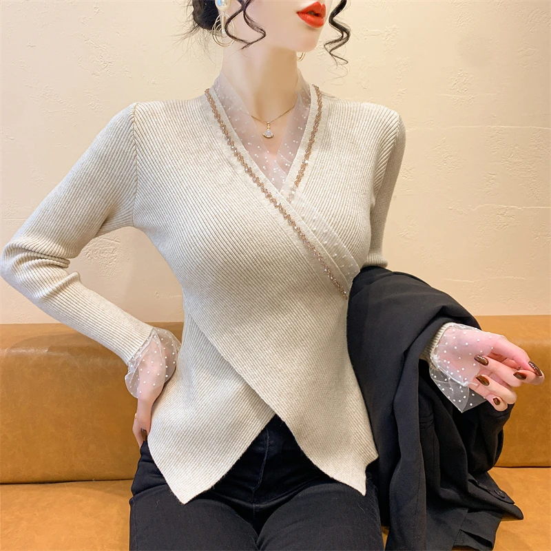 

2025,New,European,Clothes,Knitted,Sweater,Women,Fashion,Sexy,V-Neck,Patchwork,Lace,Shiny,Beading,Long Sleeve,Cross,Tops,51014