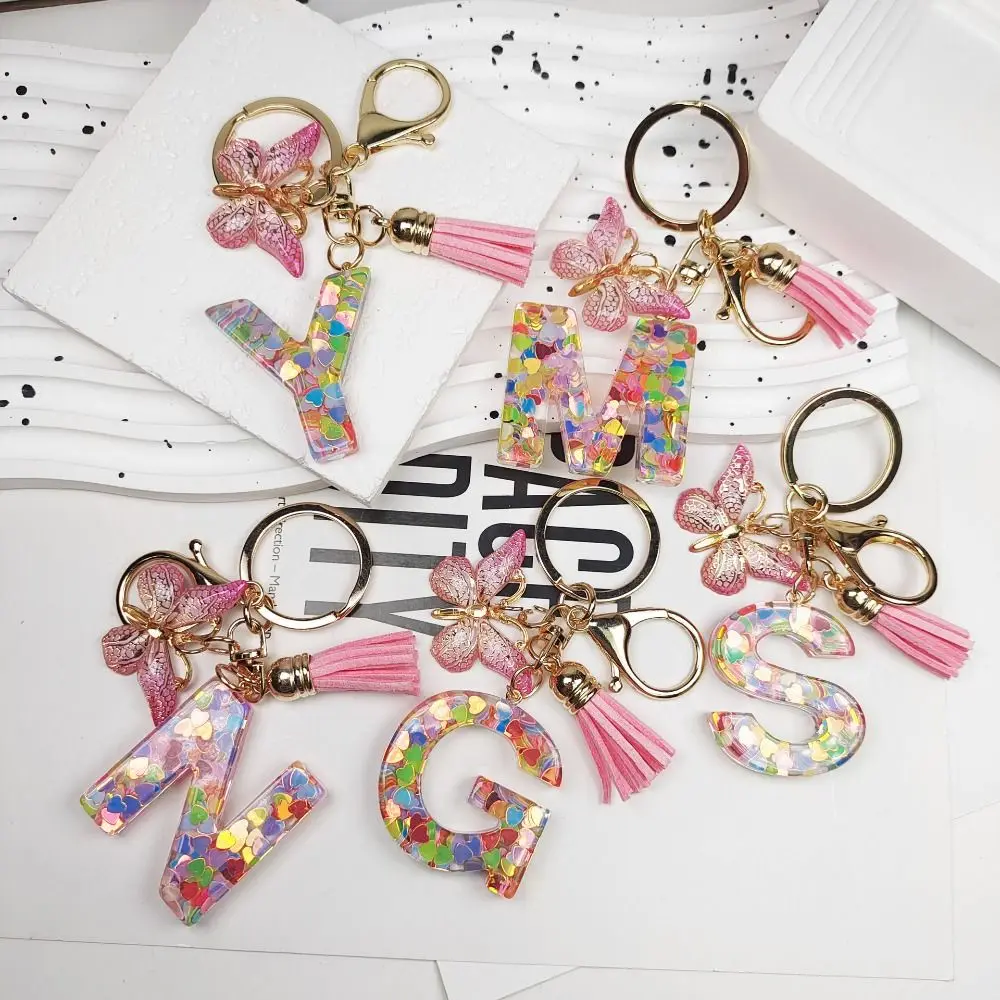 Fashion Dreamy 26 Letter Keychain A-Z Sequin Butterfly Initial Keyring Resin Butterfly Alphabet Key Chain Car Accessories