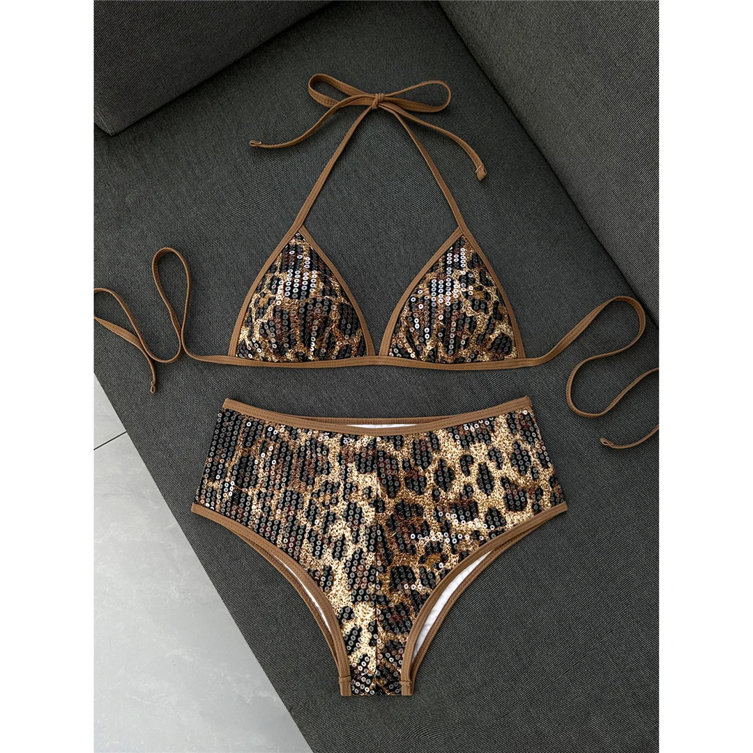 Sexy Bikini mit Leopardenmuster, Neckholder-Design und Pailletten, Damen-Badeanzug, zweiteiliges Bikini-Set, Badebekleidung, Badeanzug, Modell V8312. – Detail 4