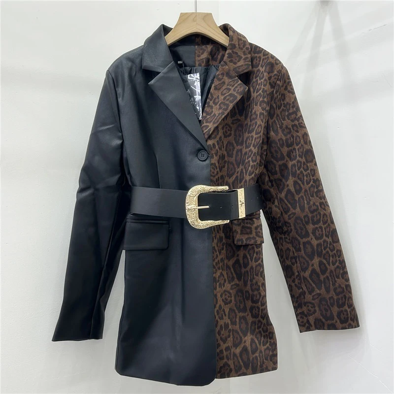 DEAT Women's Blazer Patchwork Pu Leather Leopard Pattern Cotton-padded Belt Waist Suit Jackets 2025 New Spring Fashion 29L9381