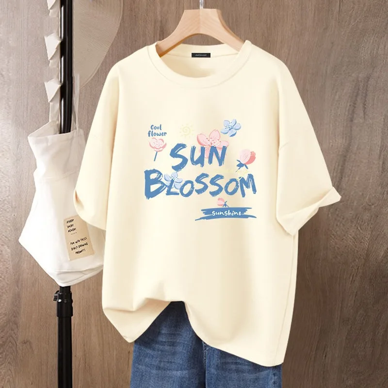 Summer Cartoon Printed Vintage T-shirt, Women Clothing 100% Cotton Fashion Basic Pullovers, Casual Loose Short Sleeve Top Tee