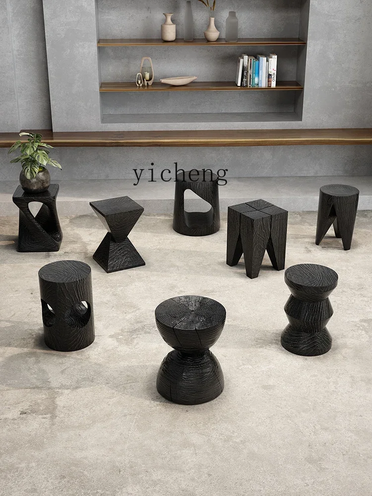 XL Black Solid Wood Carbonized Wooden Pier Leisure Silent Wind a Block of Wood Or Stone Tea Table Decoration