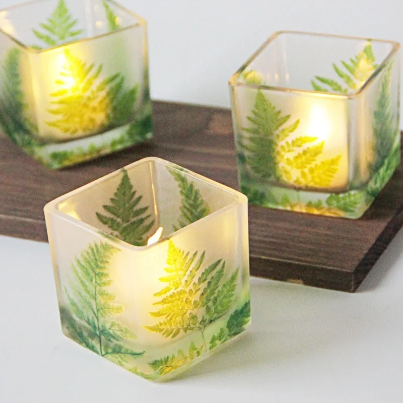 Northern Europe Style Candle Jar DIY Candle Making Container Green Leaf Cup Square Glass Candlestick Romantic Decoration Holders