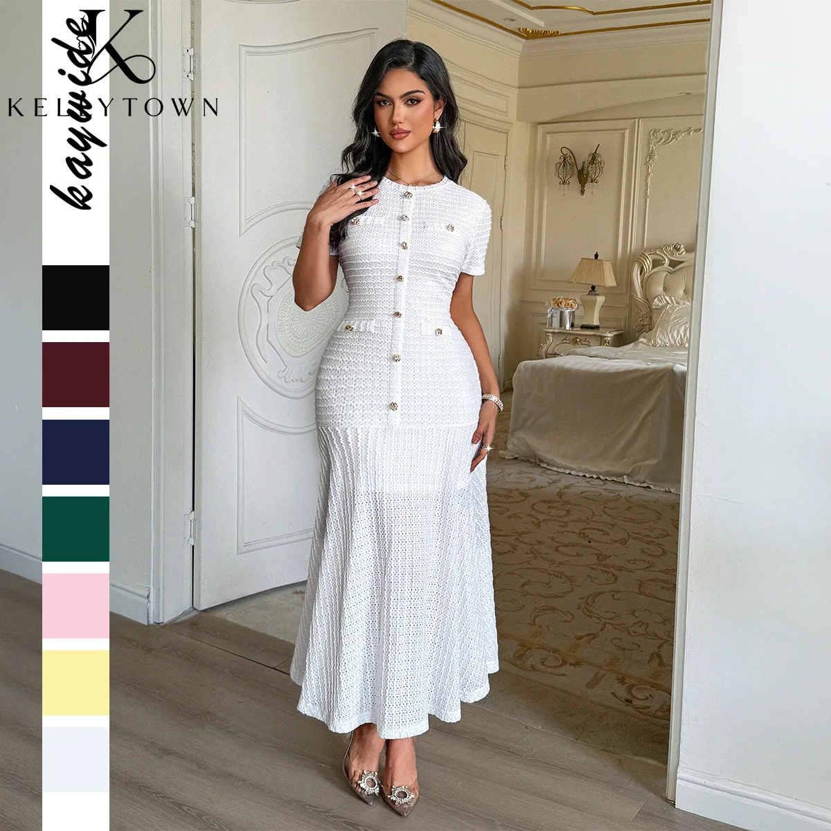 

Elegant Dress Women Texture White Dress 2026 Autumn Female Clothing Women Party O Neck Button Short Sleeve Black Long Dress