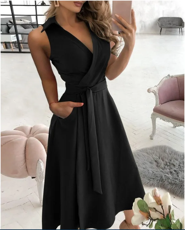 

Temperament Solid Color Sleeveless Dresses Women Fashion Sexy V-neck Leace-up Slim A-line Dress Spring Summer New Lady Clothing