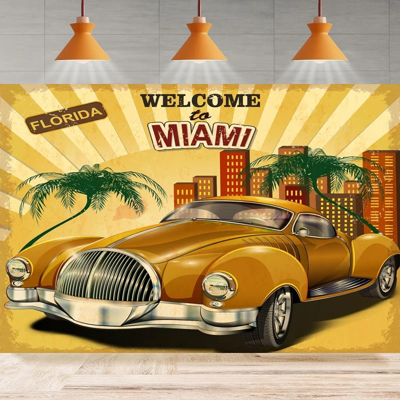 

Vintage Car Photography Backdrop Party Welcome To Miami Retro Poster For Classic Car Background Wall Home Party Decor Banner